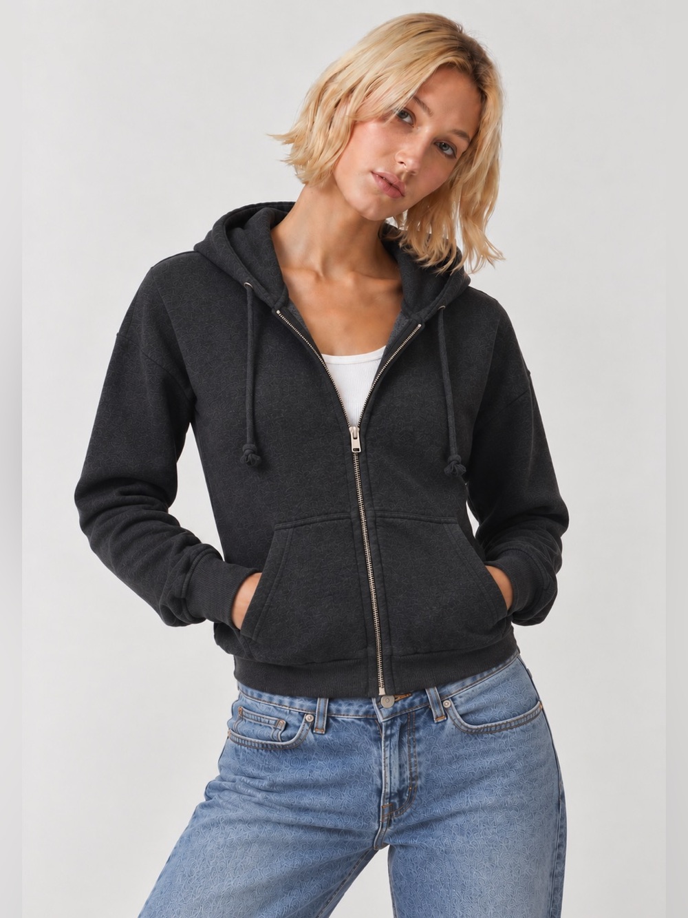 NWOT John Galt Brandy Melville Charcoal Heather Gray Zip-Up Hooded Sweatshirt OS